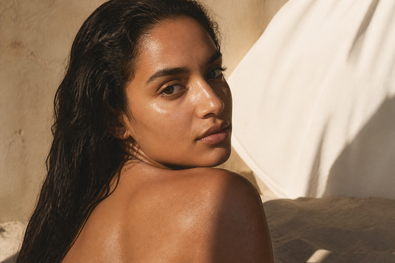 Campaign film still of a natural bronze glow